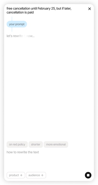 Panel generating a rewrite, with the user prompt shown as a chat bubble.